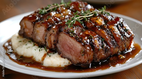 Glazed Bacon Wrapped Steak with Creamy Mashed Potatoes