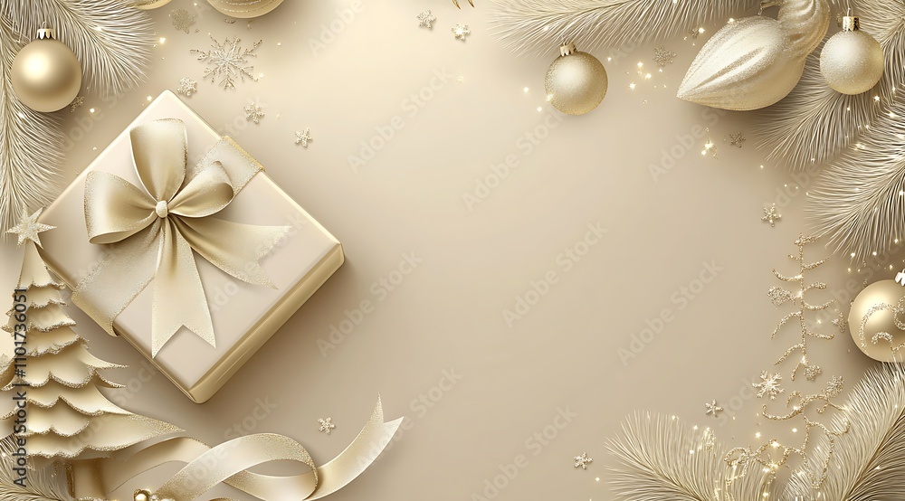 Luxurious Christmas gift wrapped in gold ribbon surrounded by golden ornaments and confetti, featuring a tree silhouette. Perfect for festive celebrations and holiday elegance Luxurious Christmas gift wrapped in gold ribbon surrounded by golden ornaments and confetti, featuring a tree silhouette. Perfect for festive celebrations and holiday elegance
