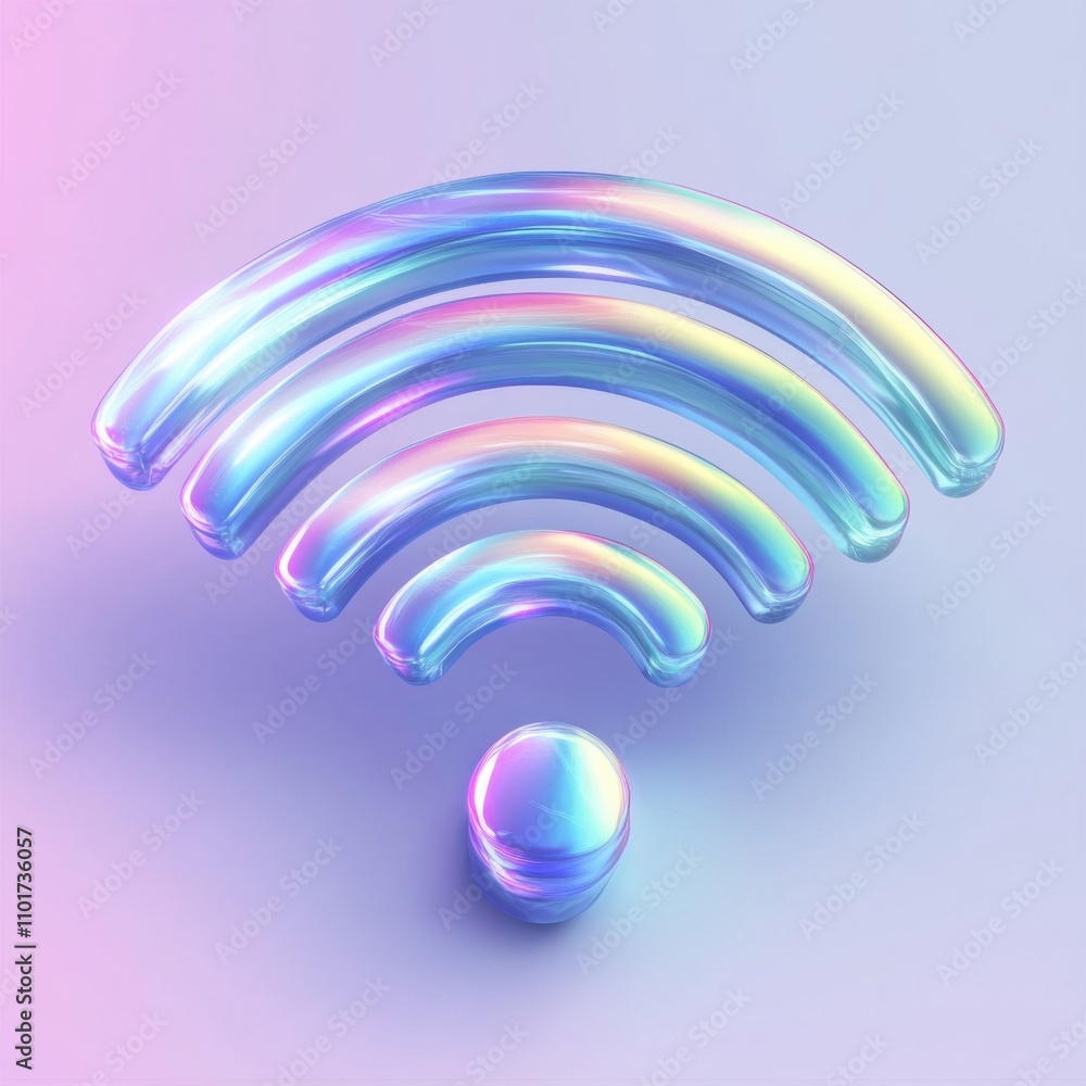 Obraz premium A vibrant, 3D iridescent Wi-Fi symbol on a soft pastel background, representing connectivity and technology.