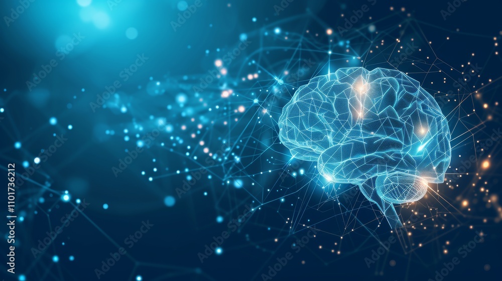 A futuristic digital rendering of a glowing human brain, surrounded by a complex web of interconnected lines representing neural networks. The image, set against a blue backdrop, symbolizes artificial A futuristic digital rendering of a glowing human brain, surrounded by a complex web of interconnected lines representing neural networks. The image, set against a blue backdrop, symbolizes artificial