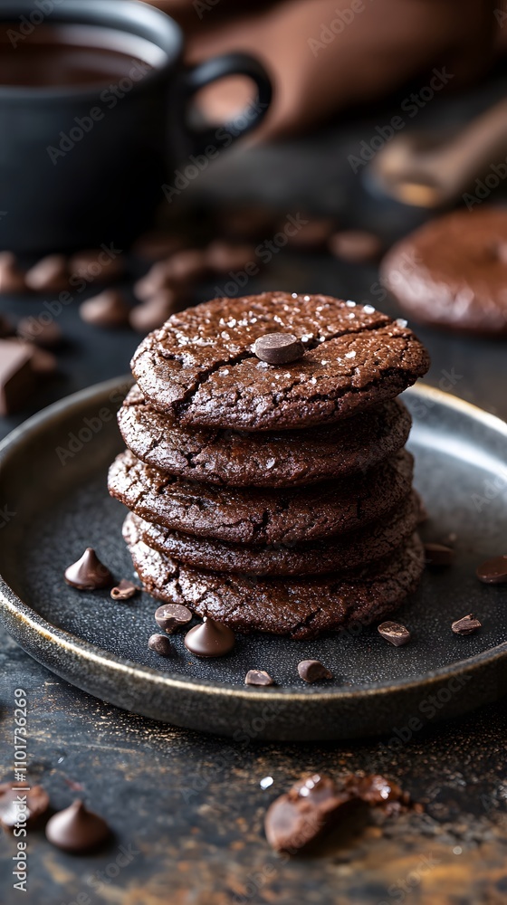 Stack of chocolate cookies with chocolate chips on a rustic plate, perfect for indulgence. Stack of chocolate cookies with chocolate chips on a rustic plate, perfect for indulgence.