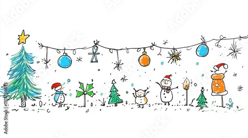 Festive Hand-Drawn Christmas Scene with Snowmen, Trees, Ornaments, and Cheerful Decorations