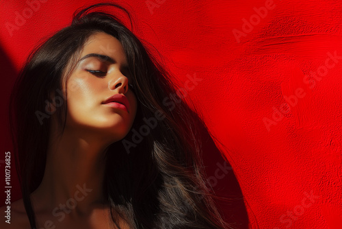 black haired woman posing on red background