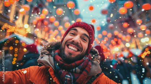 Cheerful man at Christmas Festive Holiday Market