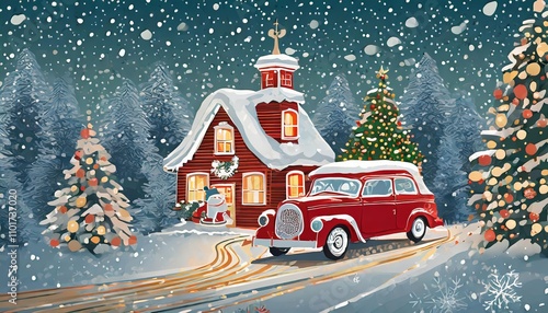 Wallpaper Mural Charming Vintage Christmas and New Year Illustration: Santa Claus Amid Winter Nature, Snowy House Scene, and Seasonal Cheer - Perfect for Festive Nostalgic Artwork and Holiday Themes Torontodigital.ca