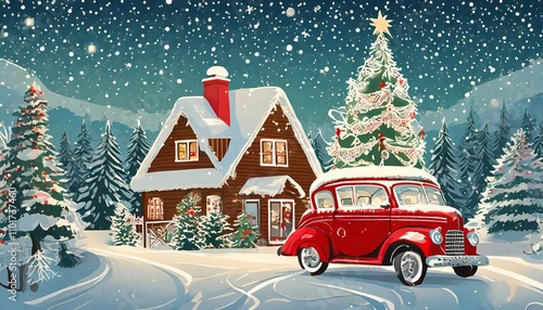 Wallpaper Mural Vintage Christmas and New Year Illustration Featuring Santa Claus in a Snowy Winter Landscape with a Charming House, Capturing Nostalgic Holiday Spirit in a Traditional Art Style Torontodigital.ca