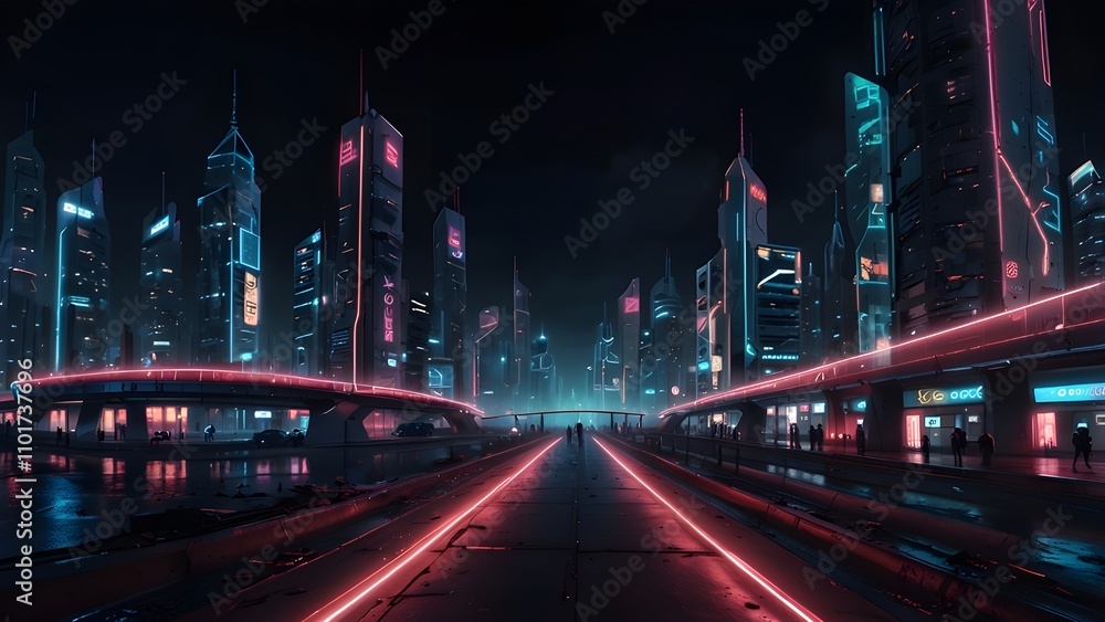 Fototapeta premium Futuristic cyberpunk night city with neon light in 360 panorama, capturing vibrant urban Atmosphere and energy