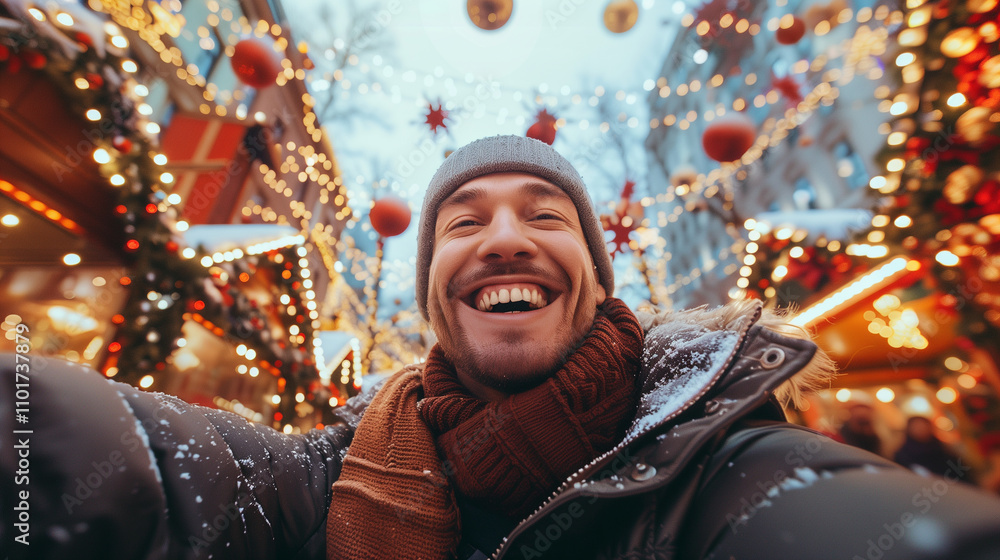 Cheerful man at Christmas Festive Holiday Market Cheerful man at Christmas Festive Holiday Market