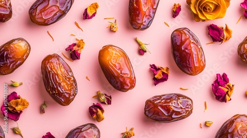 Isolated shot of fresh dates arranged in a geometric pattern, styled with dried roses and saffron strands photo