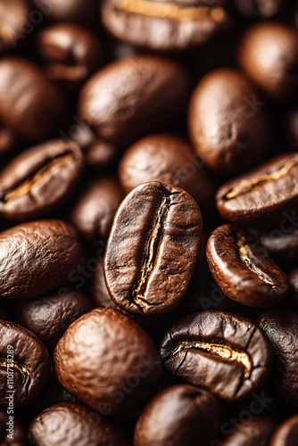 Closeup fresh roasted Arabian or aroma coffee beans background. Food pattern. Love organic coffee concept backdorp. Top view, flat lay with copy space for cafe advertising, package design photo