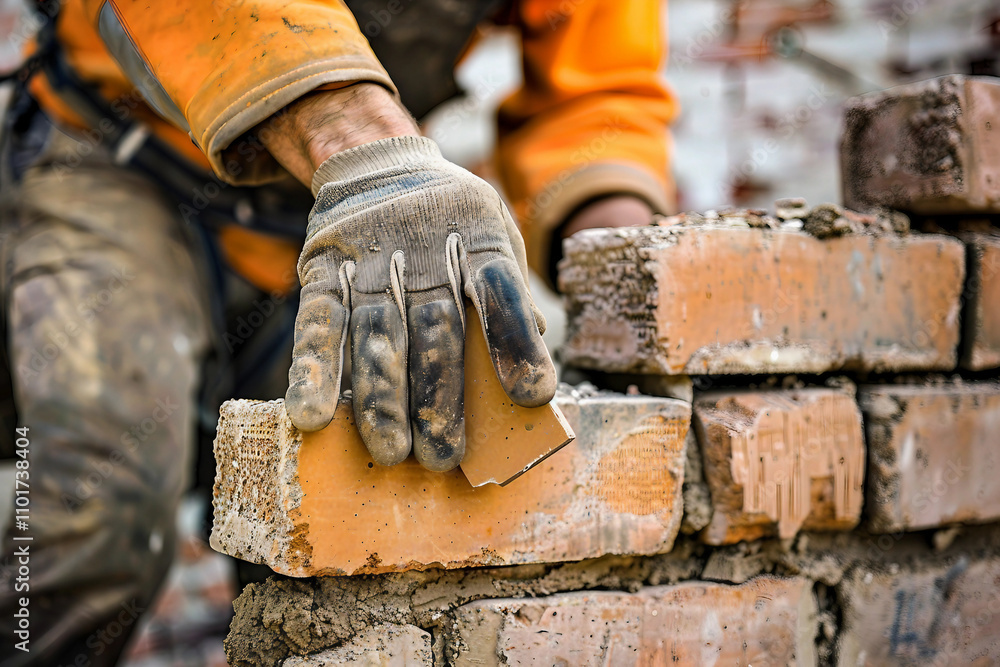 A skilled bricklayer at work on a bustling modern construction site generative ai A skilled bricklayer at work on a bustling modern construction site generative ai