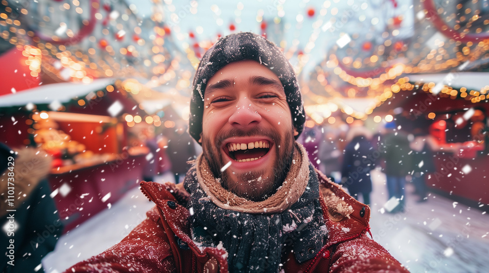 Cheerful man at Christmas Festive Holiday Market Cheerful man at Christmas Festive Holiday Market