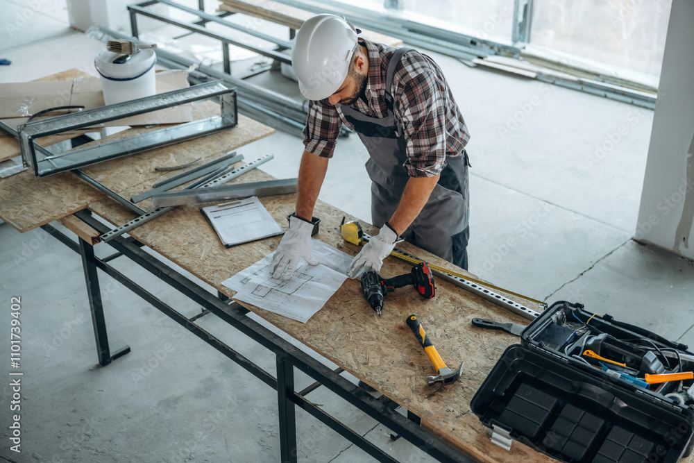Top view, standing by the table. A man is renovating an unfinished room Top view, standing by the table. A man is renovating an unfinished room