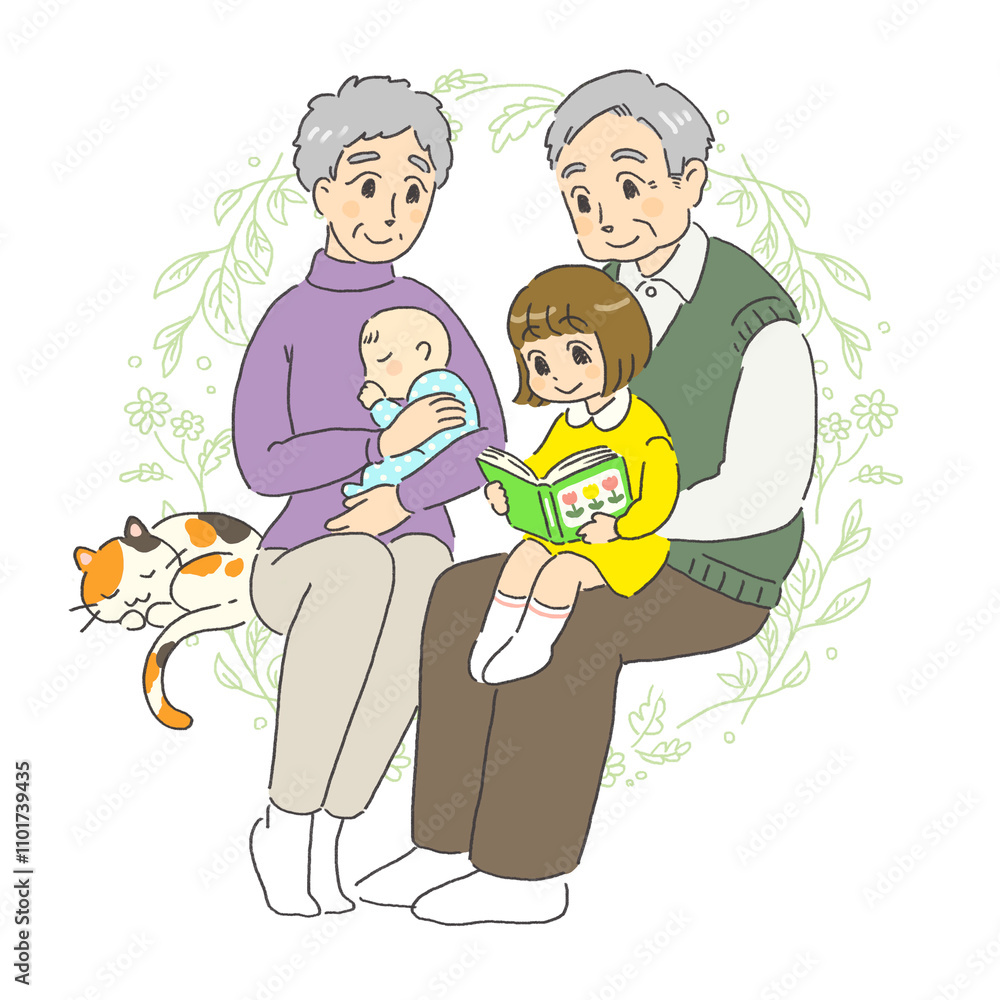 おじいちゃんとおばあちゃんと孫のかわいいイラスト おじいちゃんとおばあちゃんと孫のかわいいイラスト
