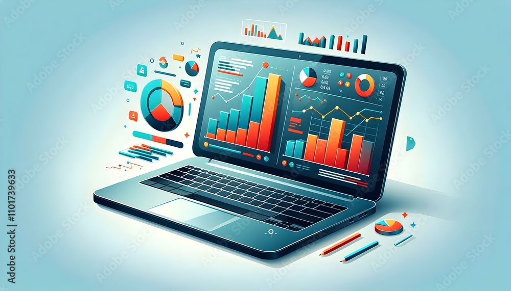 Flat Glossy Laptop Displaying Vibrant Financial Graphs with Copy Space for Smart Business Advertising Flat Glossy Laptop Displaying Vibrant Financial Graphs with Copy Space for Smart Business Advertising