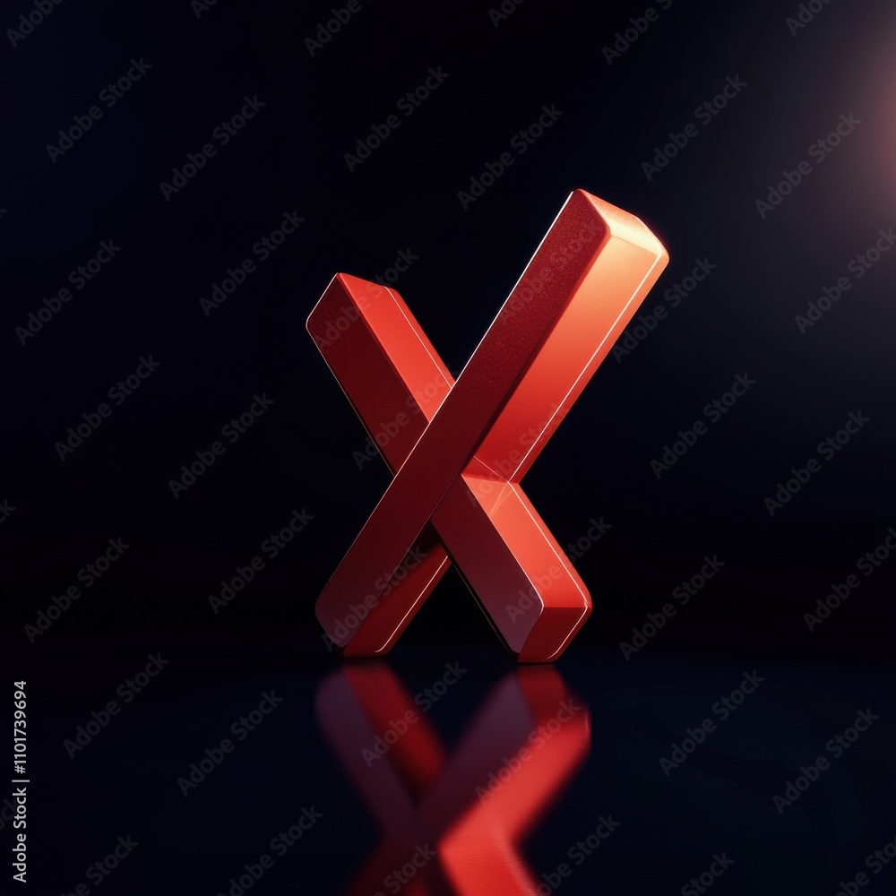 Obraz premium A striking 3D red 'X' symbol glimmers against a dark background, creating a bold and modern visual impact.