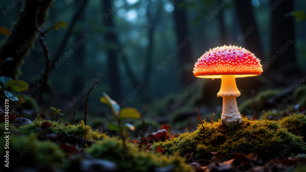 Glowing mushrooms on a forest floor with misty background. Glowing mushrooms on a forest floor with misty background.