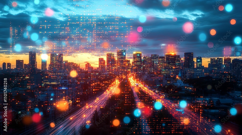 Night Cityscape Illuminated With Digital Data Overlay Night Cityscape Illuminated With Digital Data Overlay