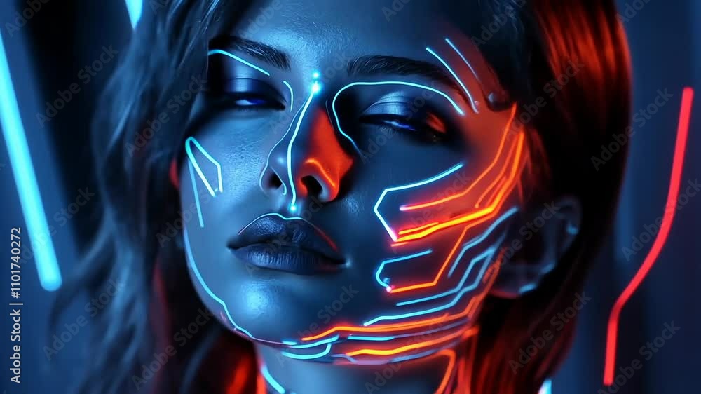 Futuristic portrait of woman with neon face paint in blue orange light Futuristic portrait of woman with neon face paint in blue orange light