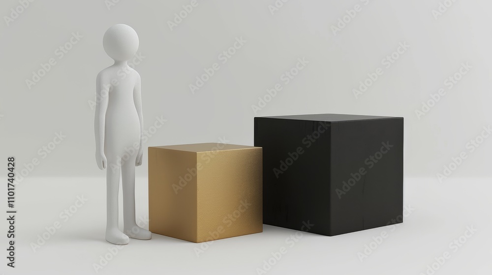 A white humanoid figure stands beside two metallic cubes, one gold and one black, on a neutral background. The clean composition emphasizes the size contrast and the metallic textures of the cubes. A white humanoid figure stands beside two metallic cubes, one gold and one black, on a neutral background. The clean composition emphasizes the size contrast and the metallic textures of the cubes.