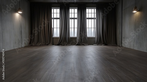 Spacious Industrial Loft Interior Photography: Moody Daylight Through Large Windows AI Generated