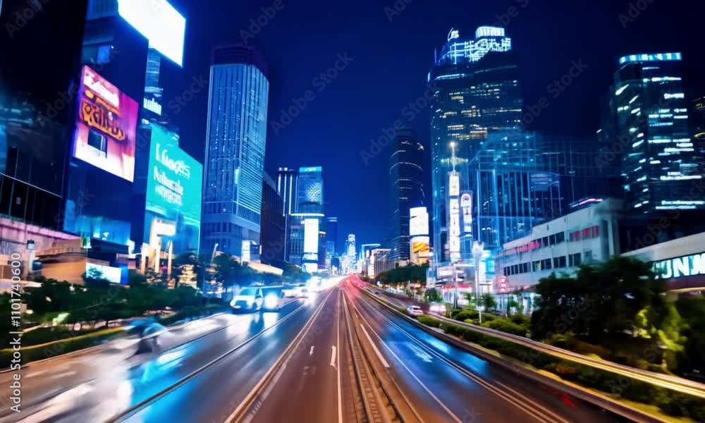 vibrant cityscape at night with illuminated skyscrapers and a busy highway featuring light trails from cars, showcasing urban energy, modern architecture, and dynamic movement vibrant cityscape at night with illuminated skyscrapers and a busy highway featuring light trails from cars, showcasing urban energy, modern architecture, and dynamic movement