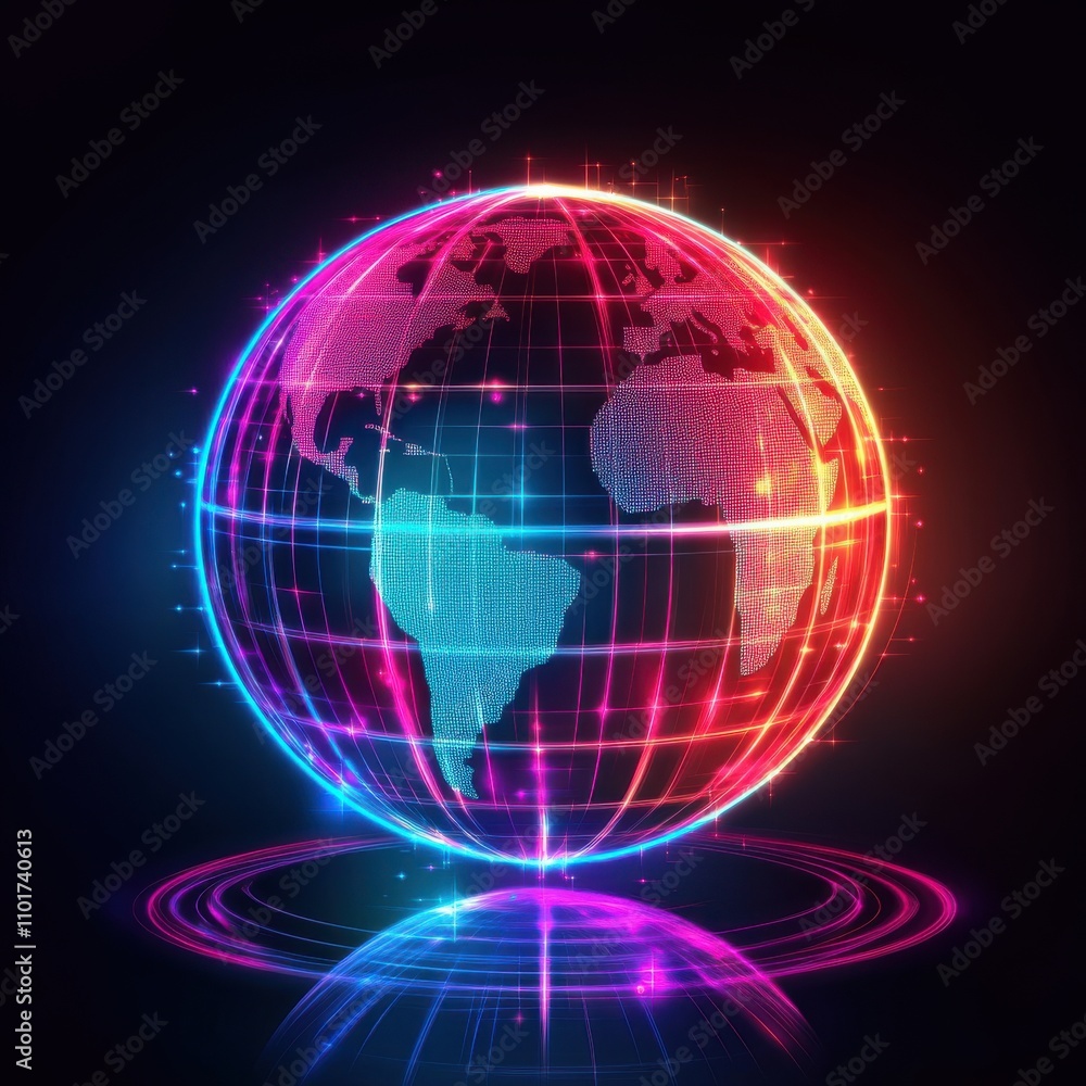 Obraz premium A vibrant digital globe with neon colors representing global connectivity and technology.