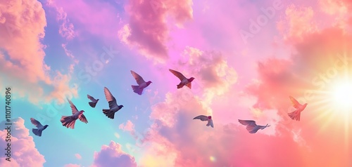 Peaceful flock of birds soaring through a vibrant, pastel sky at sunrise.  Perfect for serenity, freedom, and hope themes.