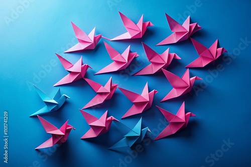 Geometric Pattern of Pink Paper Doves Flying Against a Vibrant Blue Background for Creative Portrait Photography and Artistic Displays photo