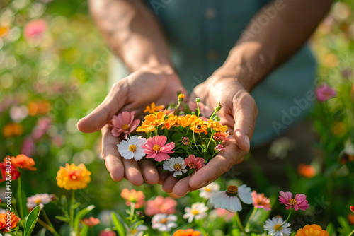 Generative AI Image of a Person Holding a Vibrant Spring Flower Bouquet in Garden