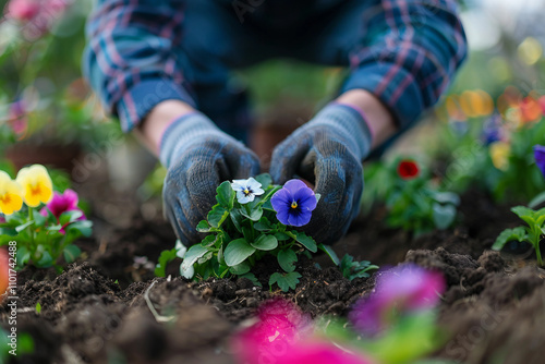 Generative AI Image of Gardener Caring for Flowers and Plants in a Vibrant Greenhouse Garden photo