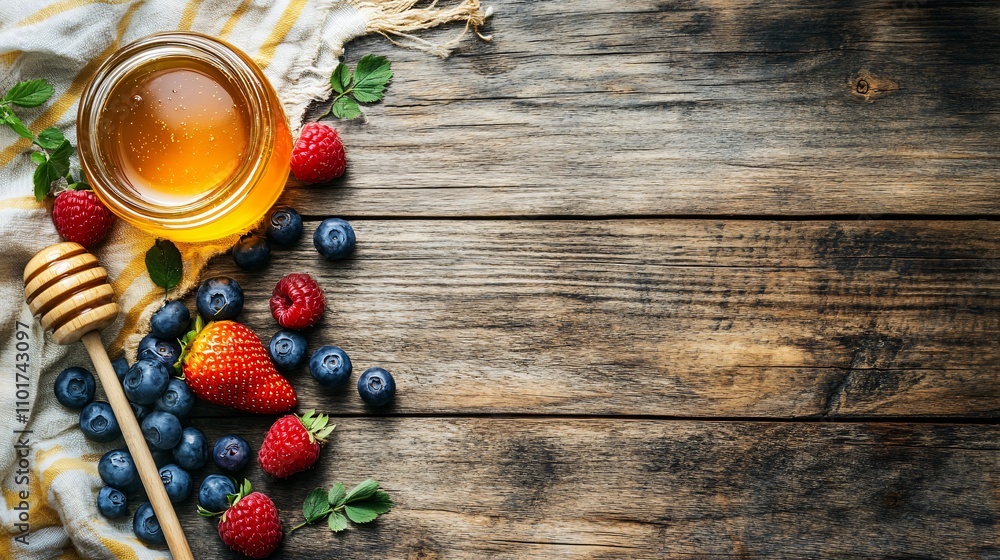 Flat lay of strawberries, blueberries, and raspberries on a rustic wooden table, styled with a honey jar Flat lay of strawberries, blueberries, and raspberries on a rustic wooden table, styled with a honey jar