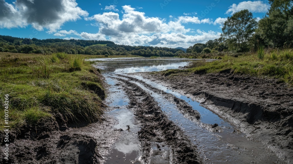 An otter trail left on a muddy bank, leading to a clear river in the background. An otter trail left on a muddy bank, leading to a clear river in the background.