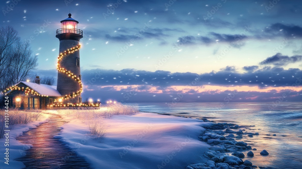 Obraz premium Serene Winter Lighthouse Scene with Snowfall, Illuminated Path and Calm Waters at Dusk, Capturing the Tranquility of the Coastal Landscape