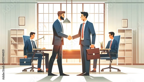 Wallpaper Mural Flat Vector Illustration: Business Partners Shaking Hands After Spontaneous Agreement in Bright Office Torontodigital.ca