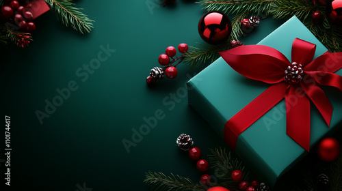 Festive Christmas gift box with red ribbon on a dark green background, flat lay top view, with copy space. New Year's present wrapped in turquoise paper and adorned with holly berries. Ideal for holid