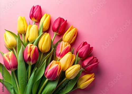 Fresh Bouquet of Yellow and Red Tulips on Soft Pastel Pink Background for Easter Spring Decor and Floral Photography