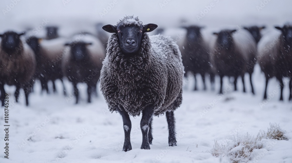 Naklejka premium Black Sheep Flock Winter Snow Blizzard Cold Frosty Field