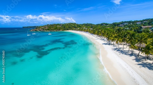 Idyllic Tropical Beach Scene Azure Waters White Sand Palm Trees