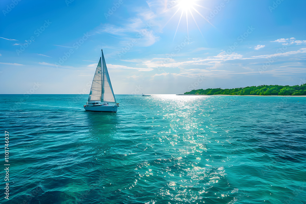 Obraz premium Serene Sailboat Journey Across Turquoise Waters with Lush Coastline in the Background