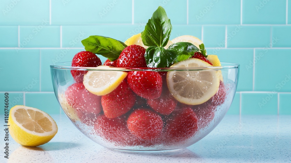 Strawberries floating in a glass bowl of sparkling water, styled with lemon slices and basil leaves Strawberries floating in a glass bowl of sparkling water, styled with lemon slices and basil leaves