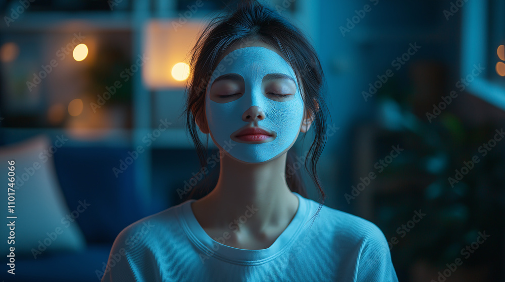 Skincare routine for relaxation asian woman with face mask at home calm environment evening glow Skincare routine for relaxation asian woman with face mask at home calm environment evening glow