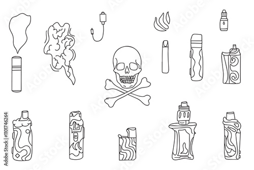 Set of Vape Electronic Cigarettes Vector Illustrations. Vape Electronic Cigarettes Doodle Style Design Collection Isolated on White Background. Vector