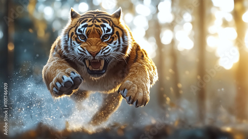 Saber-toothed tiger Smilodon leaping in forest with sunlight and dynamic motion  
