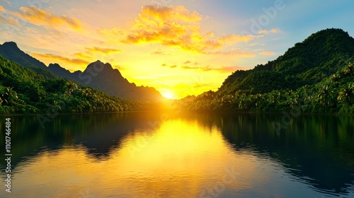 Wallpaper Mural Serene Tropical Sunset  Calm Lake  Lush Mountains  Golden Sky  Palm Trees  Nature  Paradis Torontodigital.ca
