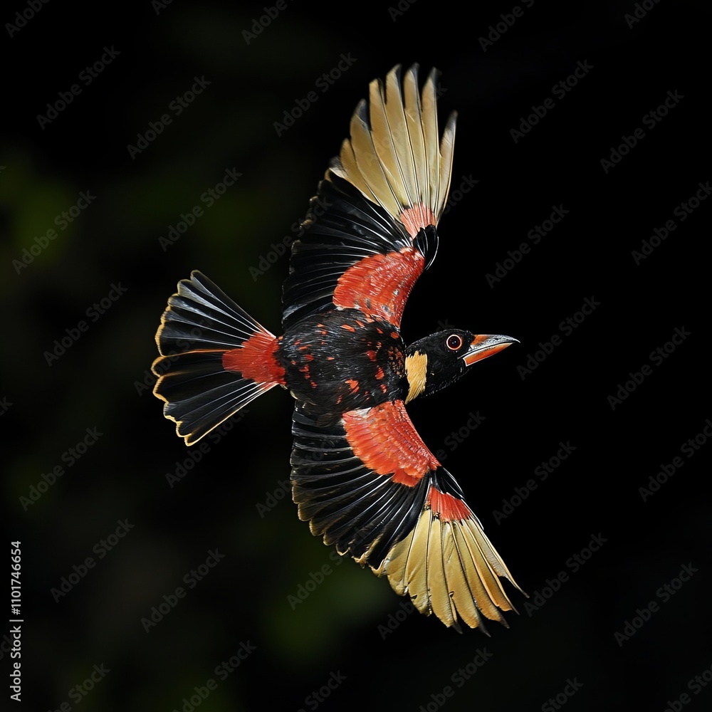 Fototapeta premium Chestnut-eared aracari (Pteroglossus castanotis) flying in the Pantanal region of Brazil