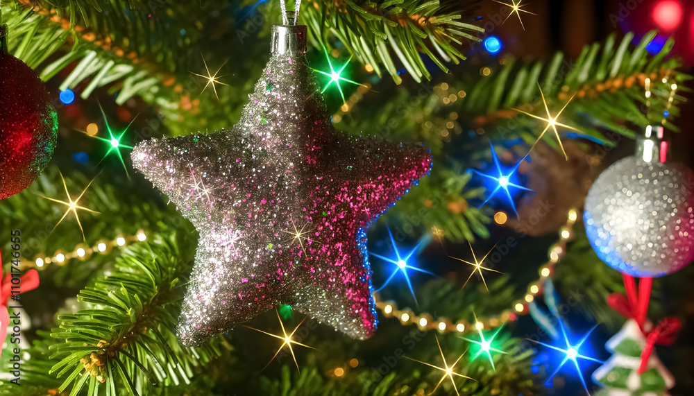 A close-up of a glitter-covered star ornament, reflecting colorful Christmas lights as it hangs on a tree. A close-up of a glitter-covered star ornament, reflecting colorful Christmas lights as it hangs on a tree.