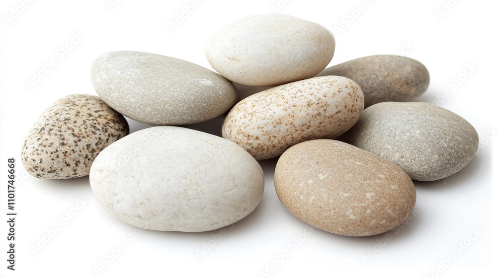 Collection of smooth pebbles arranged on a white background for decoration Collection of smooth pebbles arranged on a white background for decoration