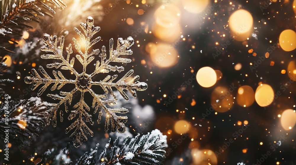 Fototapeta premium Frosted Snowflake Christmas Ornament: A close-up of a sparkling, frosted snowflake ornament hanging on a Christmas tree, illuminated by warm, festive lights.