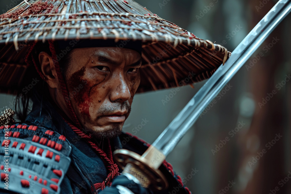 Generative AI Traditional Samurai Warrior with Intense Expression in Historical Armor, legend character Generative AI Traditional Samurai Warrior with Intense Expression in Historical Armor, legend character